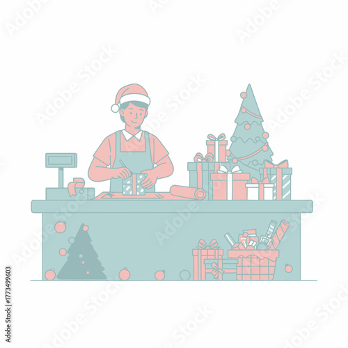 Christmas gift wrapping station with cheerful employee.