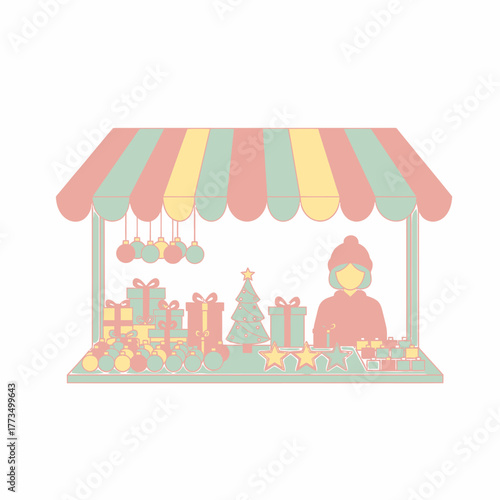 Christmas Market Stall with Festive Goods and Vendor.