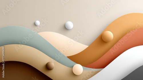 Abstract curved waves and spheres in earth tones with soft lighting
