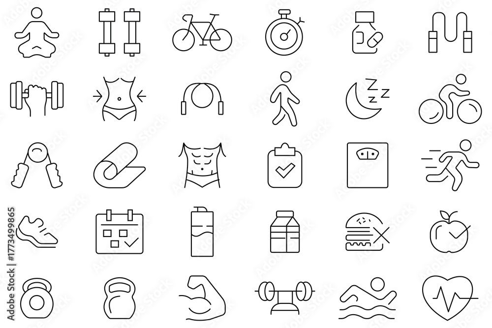 Naklejka premium Fitness and gym icon vector set. Set of icon healthy lifestyle, weight training, body care, exercise, workout, strength, physical activity, proper nutrition, yoga and more. Vector illustration.