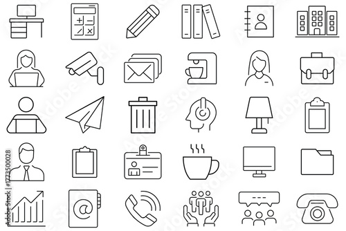 Office and workspace icon vector set. Icon for  employee, schedule, business, computer, laptop, briefcase, desk, cctv, meeting, table lamp, coffee, co-worker symbol and more. Vector illustration.