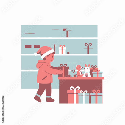 Child in Santa Hat Choosing Christmas Gifts at a Store.