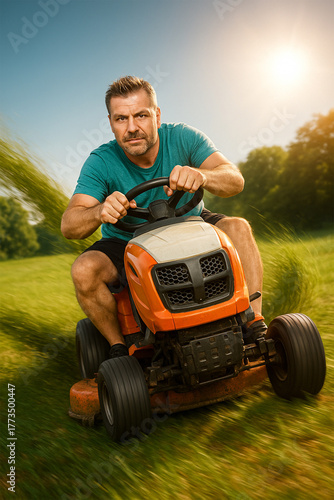 Man mowing lawn with ride-on mower on a sunny day