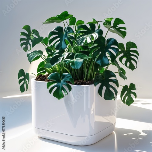 Title (38 words):
A beautiful Monstera plant gracefully thriving in a sleek white pot, basking in soft natural sunlight. Its glossy green leaves with unique splits bring a refreshing touch of modern e