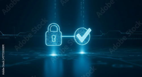 Cybersecurity protection concept illustration showing a secure padlock icon and a check mark on a dark blue futuristic technology background.