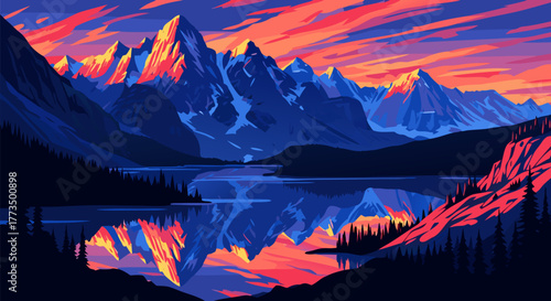Vibrant digital illustration of majestic mountain peaks at sunset with a stunning reflection on a calm alpine lake, stylized d.eps artwork