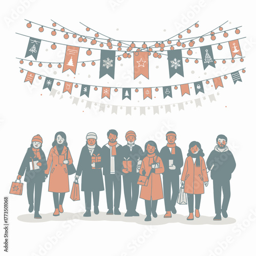 Group of people walking together in winter clothes, shopping bags.