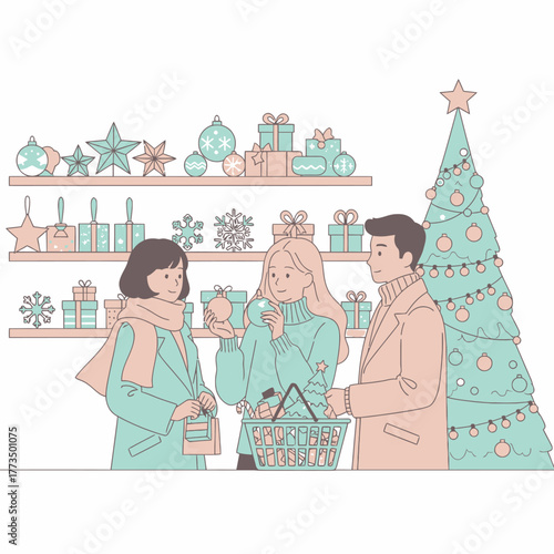 Three young friends happily shopping for Christmas decorations together.