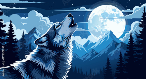 A majestic gray wolf howling at the full moon in a dramatic blue nighttime mountain and forest landscape vector illustration