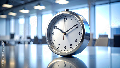 Wallpaper Mural Time's Essence: A close-up shot of a classic clock takes center stage atop a reflective surface, emphasizing the importance of time management and efficiency in a modern work environment. Torontodigital.ca