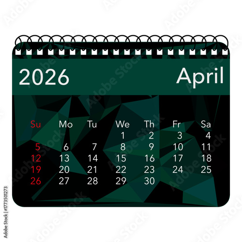 Calendar mock up for April 2026 with geometric design and spiral binding