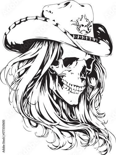 Mysterious Cowgirl Skull: A captivating illustration, combining the allure of the wild west with a touch of the macabre, featuring a skull adorned with a cowboy hat and long, flowing hair.