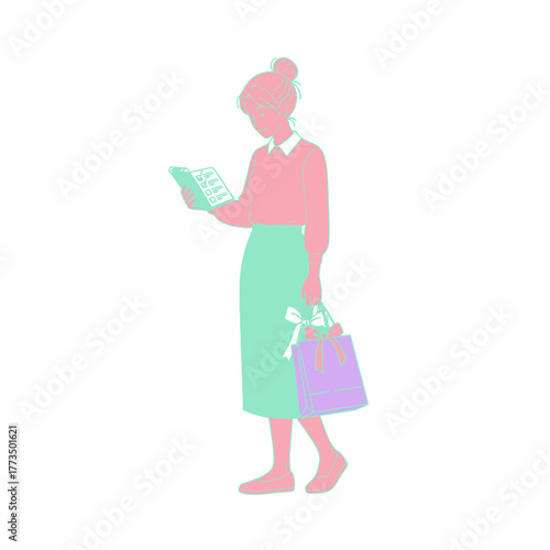 Woman reading a book while carrying shopping bags, focused and engaged.