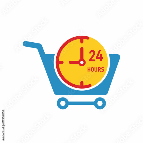 Shopping cart with 24 hours clock symbol for fast delivery service.