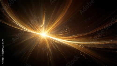 An intense golden burst of light against a dark background. The rays of light appear to radiate outward at high speed, creating curved, flowing lines of light.
