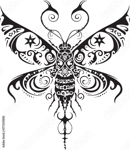 Elegant Dragonfly Illustration: A stylized illustration of a dragonfly showcases intricate patterns and swirling designs, evoking a sense of grace and artistic flair.