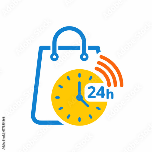 Shopping bag with clock showing twenty four hour service availability.