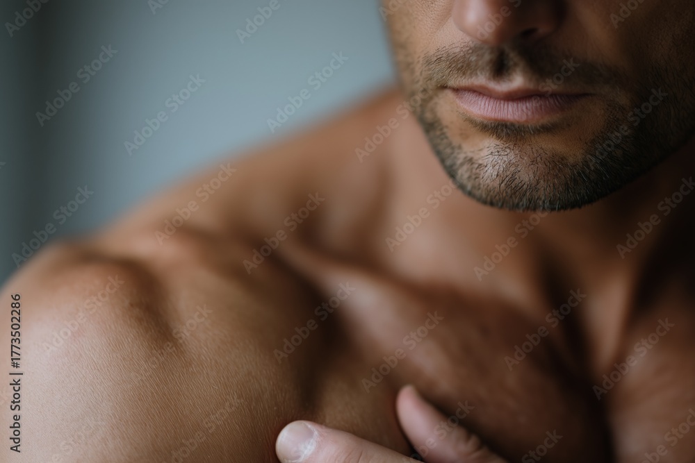 Fototapeta premium Caucasian adult male with stubble touching bare shoulder in close-up