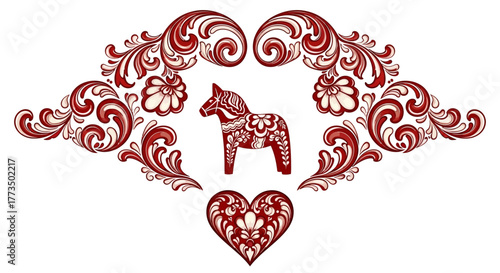 Nordic folk art vector elements with Rosemaling wreath, Dala horse, and heart for Scandinavian design