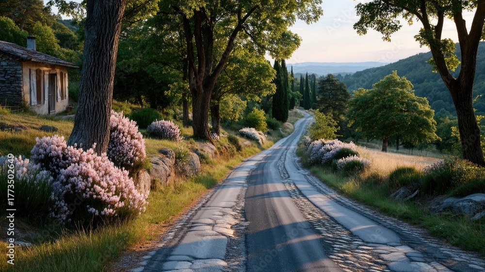 Fototapeta premium Scenic Winding Country Road Through Rolling Hills with Stone Cottage and Lush Green Trees Bathed in Golden Hour Sunlight