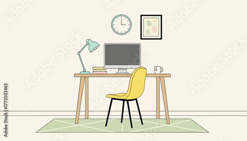 Modern Home Office Workspace Vector Illustration in Outline and Fill Hybrid Style with Desk, Chair, and Computer Setup