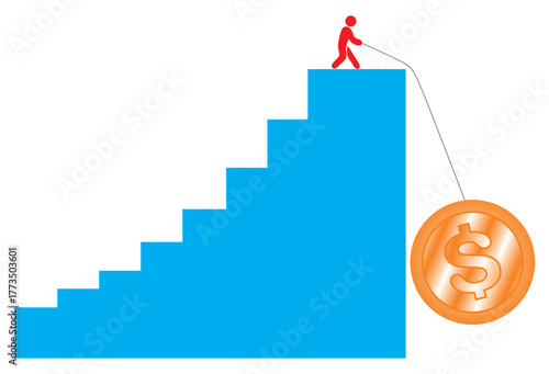 Vector illustration of a person pulling a gold dollar coin upwards. The concept of working hard to increase income and achieve goals at the pinnacle of success. The concept of investment and success.