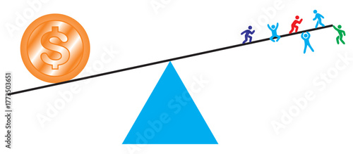 Vector illustration of a scale showing a dollar coin that is heavier than the people across from it.