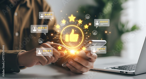 Customer experience concept, man using smartphone with popup five star icon