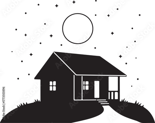 Cozy Home Under the Moonlit Sky with Sparkling Stars Illustration