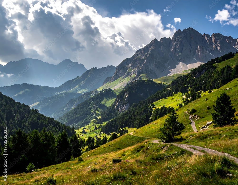 Fototapeta premium Sunny mountain scene with trails, trees, and dramatic cloudy sky
