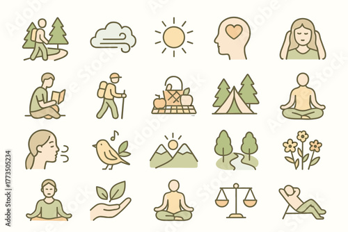 Mindfulness and Outdoor Relaxation Icons – Yoga, Nature, and Mental Balance