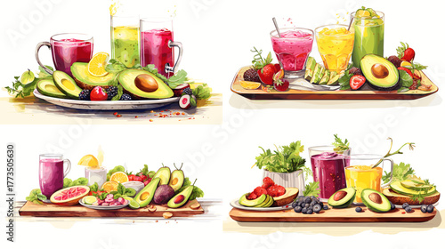 Watercolor illustration set of fresh avocado dishes, fruits, and smoothies in vibrant colors. Perfect for healthy food, vegan lifestyle, and nutrition concept designs.