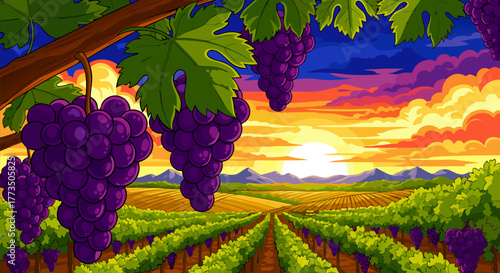 Serene Vineyard Landscape at Sunset, Lush Grapes on Vines Under a Fiery Sky