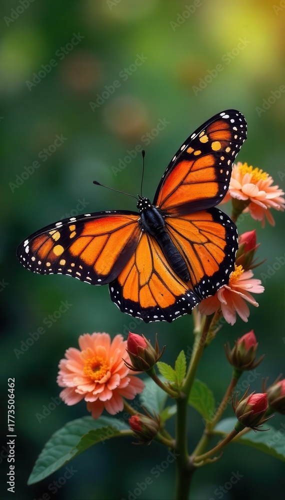 Obraz premium Close-up of Monarch butterfly swarm on Spanish branch , stock photo, summer, fauna