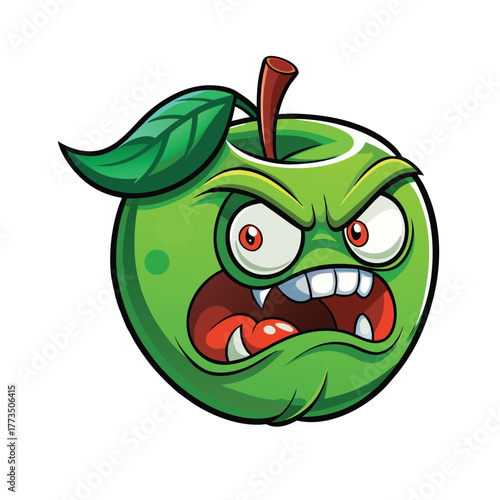 Angry green apple character with sharp teeth and red eyes