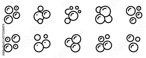 Clean bold line art bubble icons set for hygiene or science projects with a modern feel, illustrating cleanliness, freshness, and clarity in a versatile minimalist design element