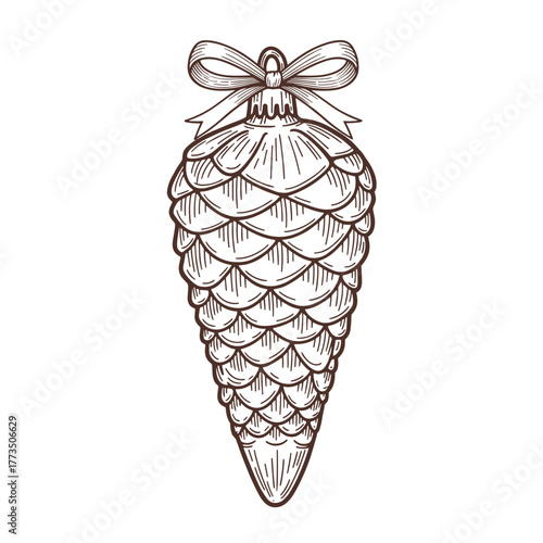 Hand-drawn pine cone Christmas ornament vintage style in brown lines with ribbon on transparent background