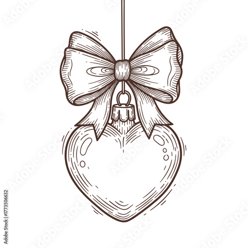 Hand-drawn heart-shaped Christmas ornament vintage style in brown lines with festive bow on white background with copy space
