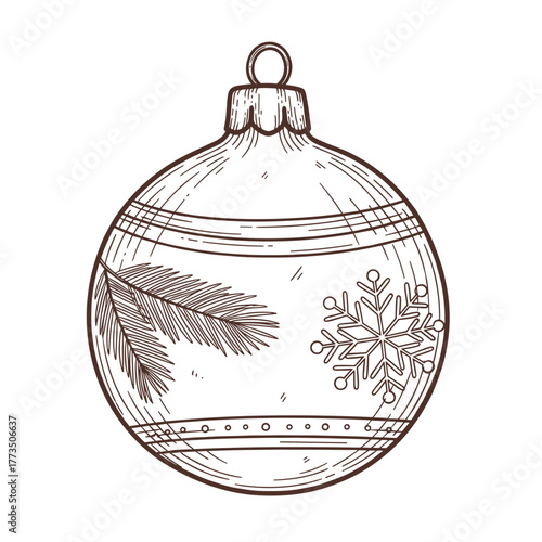 Hand-drawn Christmas ornament vintage style with pine branch and snowflake in brown lines on transparent background with copy space