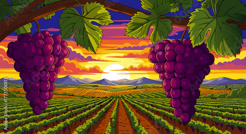 Vibrant pixel art vineyard at sunset, showcasing lush purple grape bunches framing a picturesque landscape of endless rows of vines under a colorful sky, evoking nostalgic gaming aesthetics