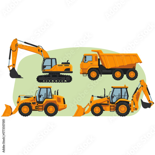Heavy Construction Vehicle Vector Set: Excavator, Dump Truck, Wheel Loader, and Backhoe Loader Illustrations for Building, Mining, Earthmoving, and Engineering Projects