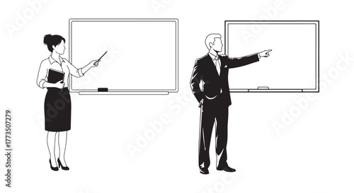 Male and female silhouette figures presenting in front blank whiteboards, isolated on