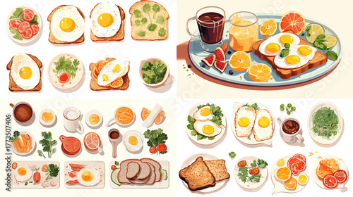 Watercolor breakfast illustration set featuring eggs, toast, fruits, and coffee. Perfect for food design, healthy lifestyle, and morning menu illustrations.