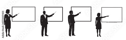 Multiple male and female silhouette figures presenting in front blank whiteboards, isolated on