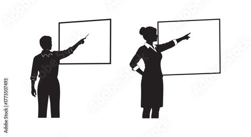 Silhouettes man and woman standing and pointing at separate whiteboards