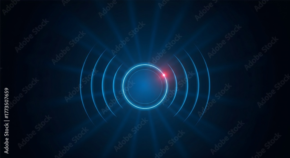 Obraz premium Abstract blue radar wave background with glowing neon circles and a dynamic digital signal ray effect on a dark background.