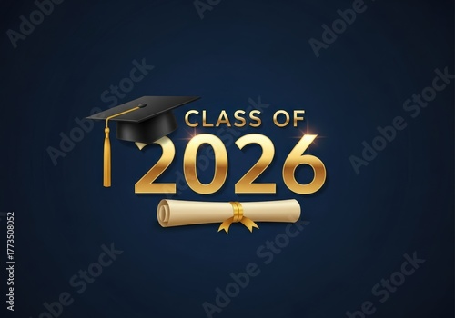 Class of 2026 graduation announcement with cap and diploma on dark blue background