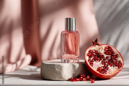 Glass perfume bottle with pomegranate on stone against pink fabric background