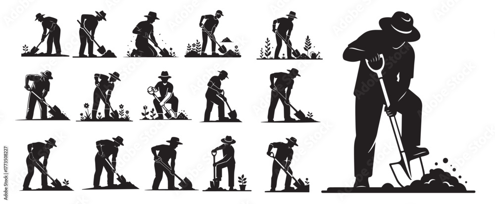Fototapeta premium Extensive gardening silhouette collection multiple men digging, planting, and working with shovels in various garden scenes