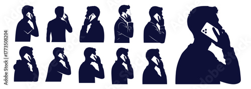 Collection silhouettes man in suit talking on mobile phone from various angles and poses